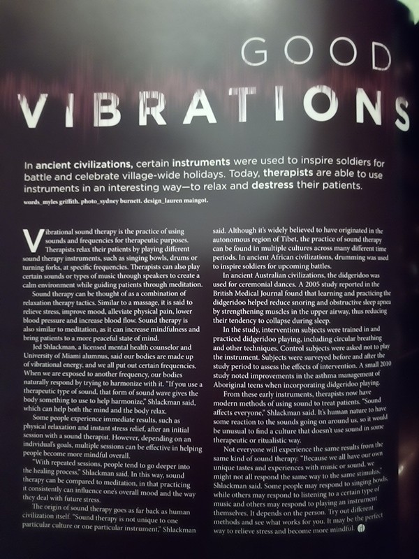 singing bowls meditation article good vibrations, University of Miami Distraction Magazine, Winter 2019/2020